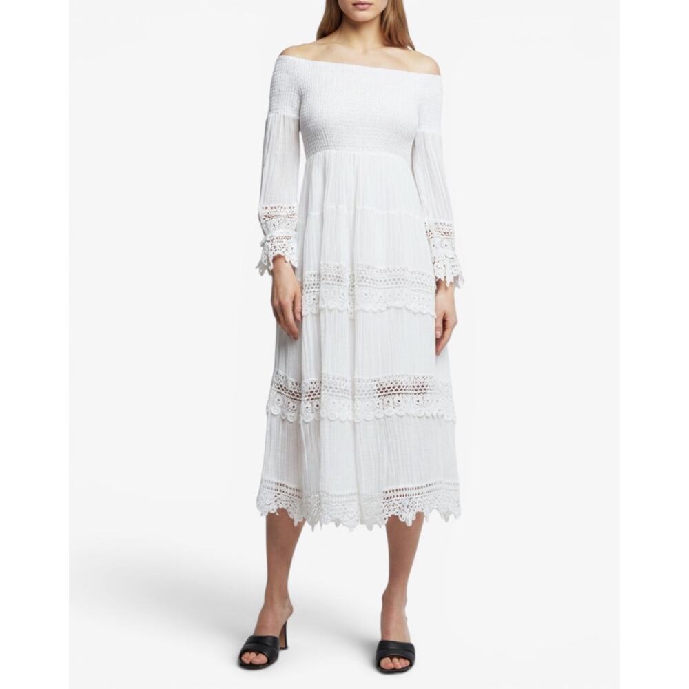 Guess Amberlee White Smocked Macrame Lace Boho Off Shoulder Tier Midi Dress Sz L